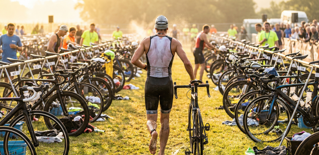 Triathlète amateur de dos dans la zone de transition lors d'un triathlon S ou M