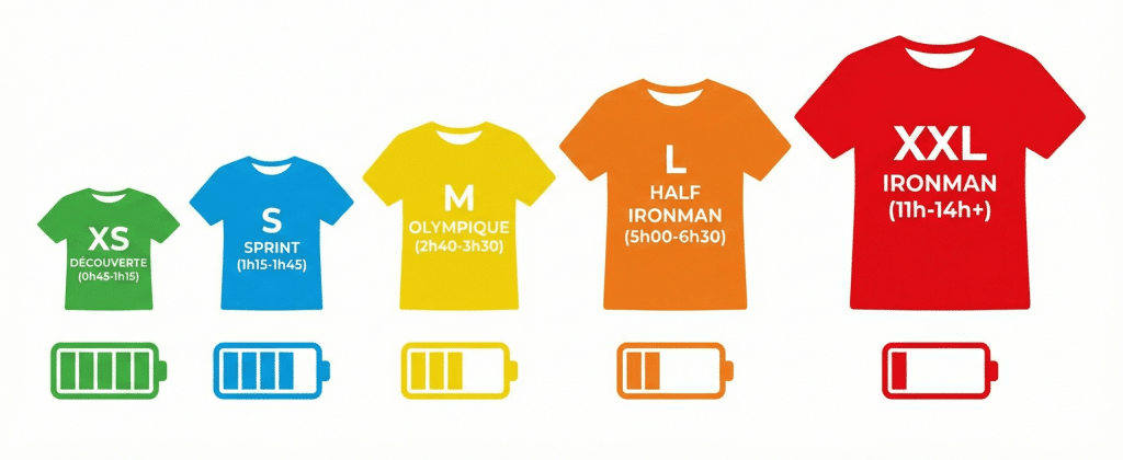 Infographie comparative des distances triathlon FFTRI du XS au XXL et temps d'effort estimés