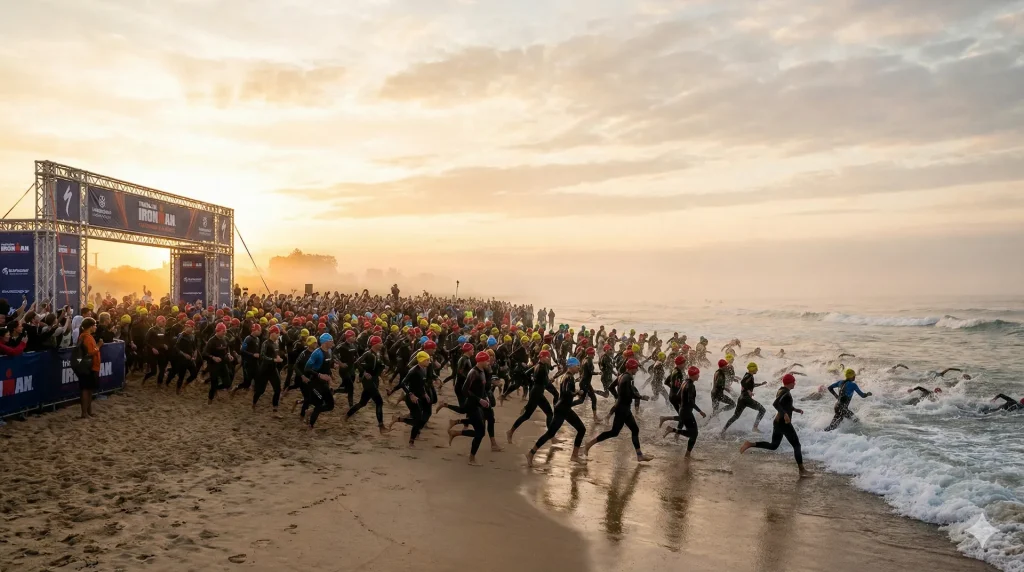 des centaines de participants au départ d'un triathlon courant en direction de la mer