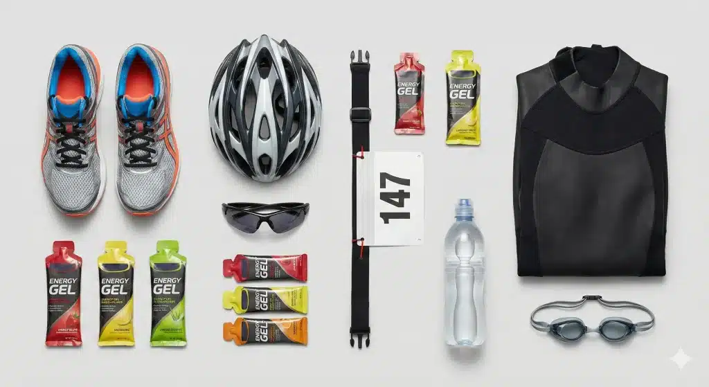 Checklist matériel triathlon équipement complet à plat.
