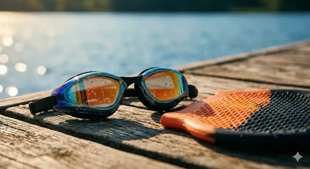 Accessoire triathlon lunettes et bonnet de bain au bord de l'eau.