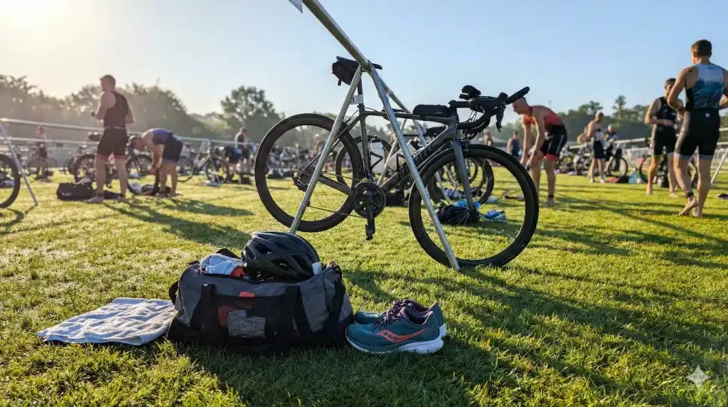 Préparation sac triathlon zone de transition avant le départ.