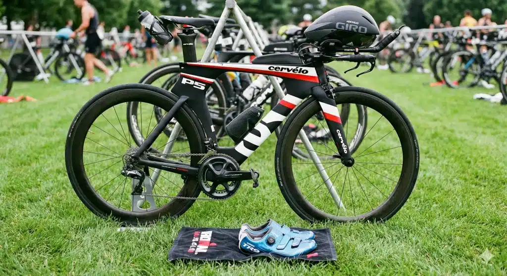 Vélo triathlon transition T1 casque et chaussures installés.
