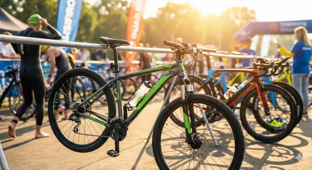un vtt garé dans une zone de transition de triathlon