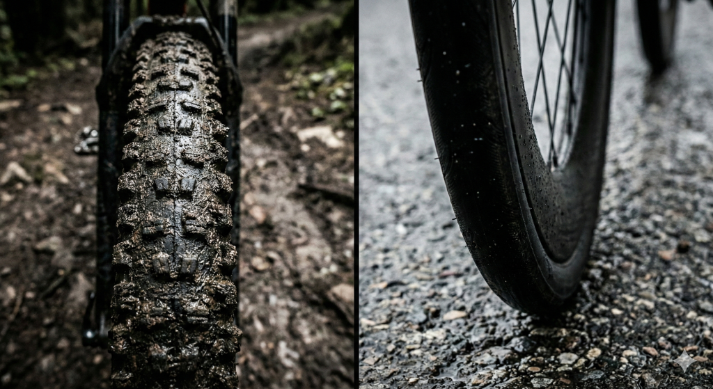 2 images, 1 pneu de vtt et 1 pneu de velo de route