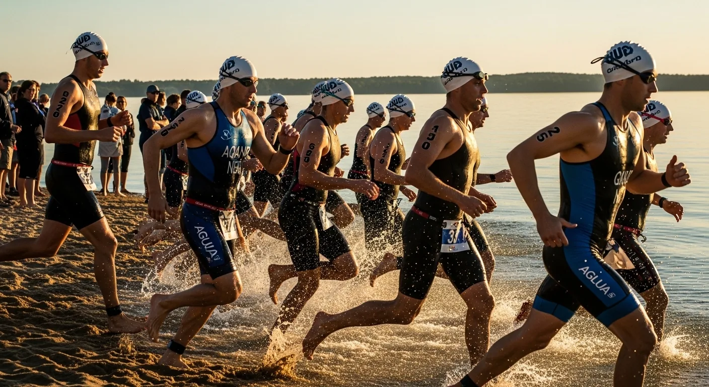 Athlètes sortant de l'eau en courant lors de la transition d'un aquathlon