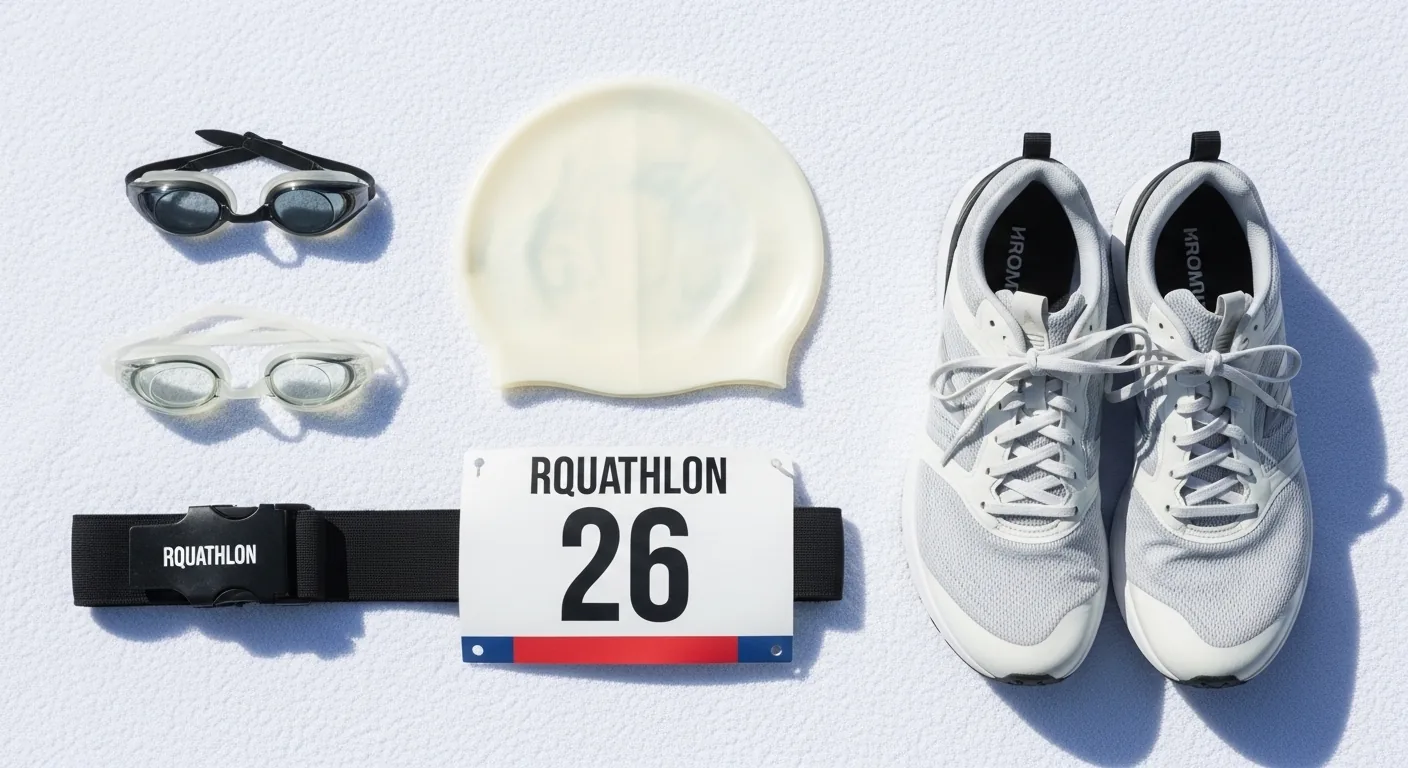 Équipement minimaliste pour un aquathlon : lunettes, bonnet, dossard et chaussures de course