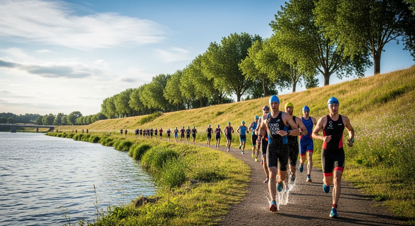 Groupe de coureurs en pleine course lors d'un aquathlon, bonnets de bain encore sur la tête