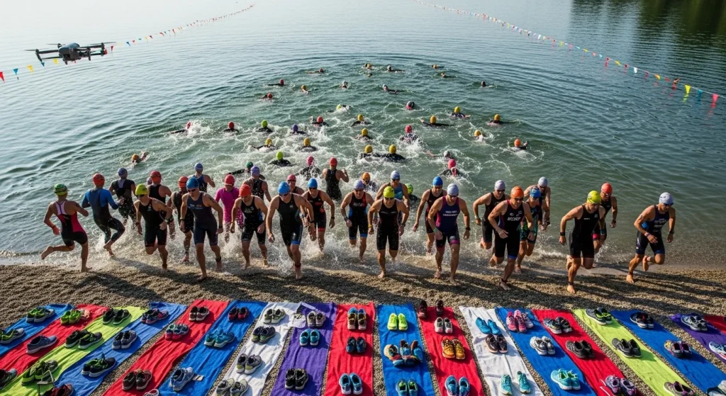 Athlètes sortant de l'eau en direction de la zone de transition lors d'un aquathlon en eau libre