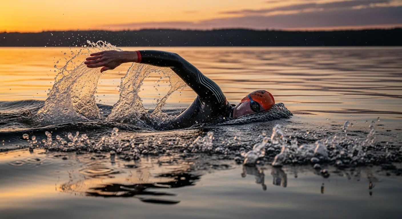 Nageuse en combinaison néoprène pratiquant le crawl en eau libre pour un entraînement aquathlon