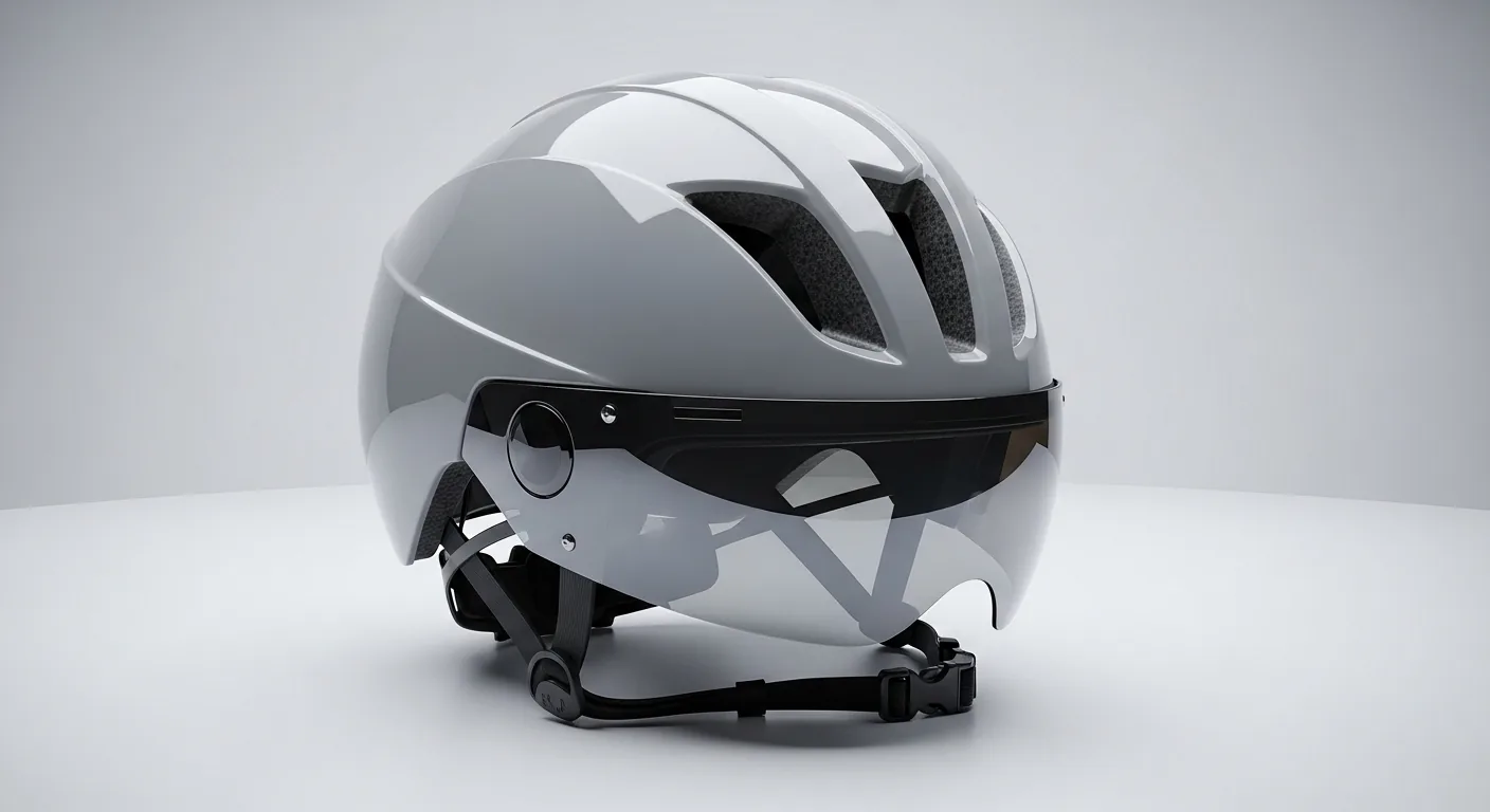 Casque triathlon aéro avec visière intégrée teintée vu de près, profil coque lisse