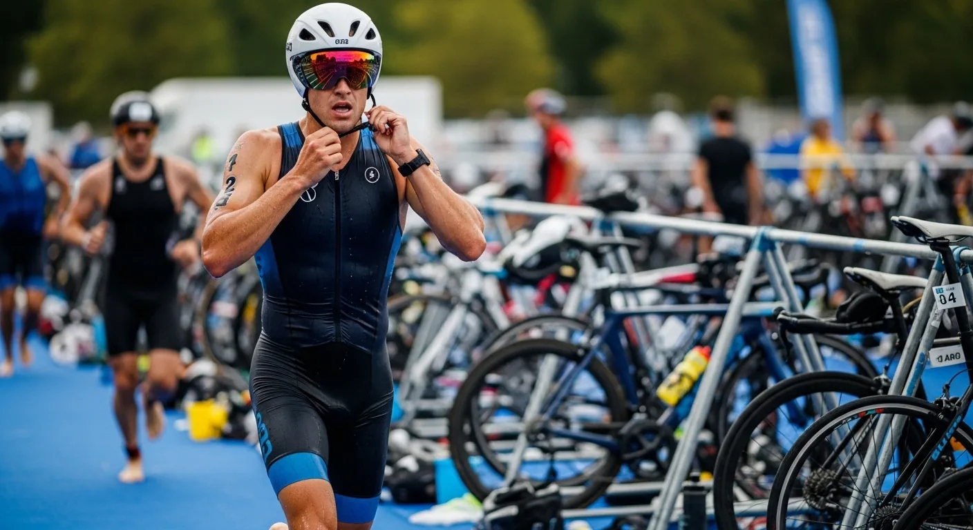 Triathlète bouclant la sangle de son casque aéro en courant vers son vélo dans la zone de transition T1