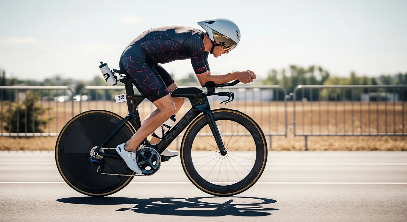 Triathlète en position aéro portant un casque triathlon intégral avec visière sur parcours vélo
