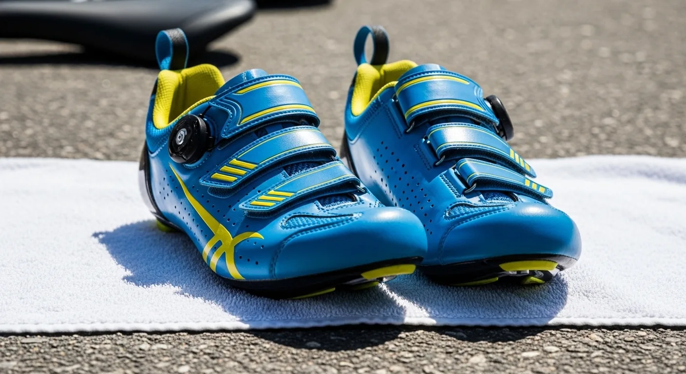 Chaussures vélo triathlon avec velcro et boucle de talon posées en zone de transition