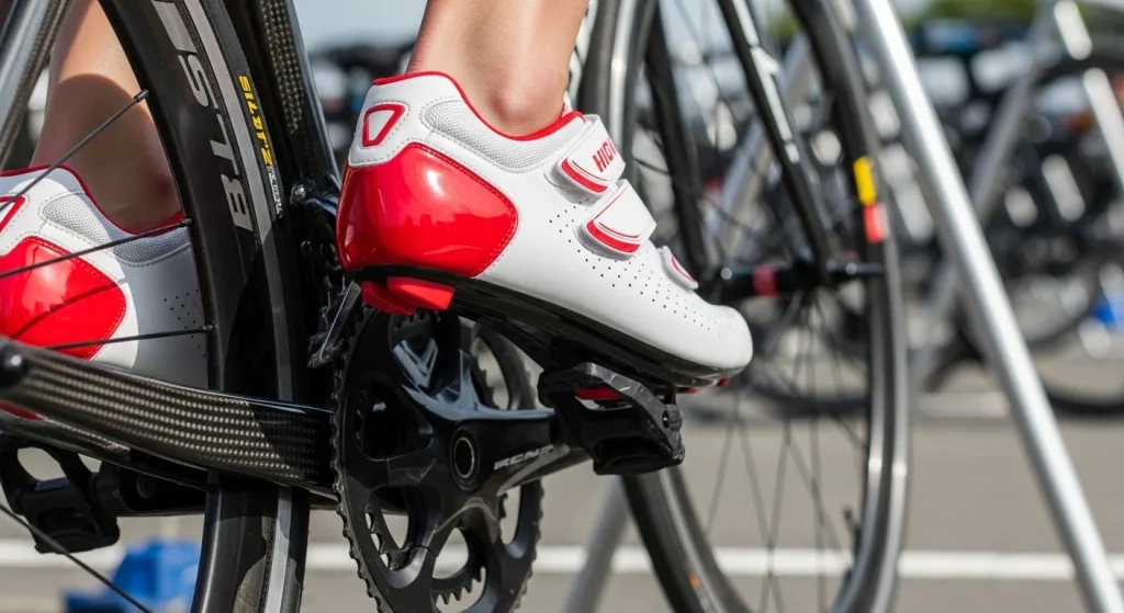 Chaussures vélo triathlon montées sur les pédales d'un vélo de contre-la-montre en zone de transition