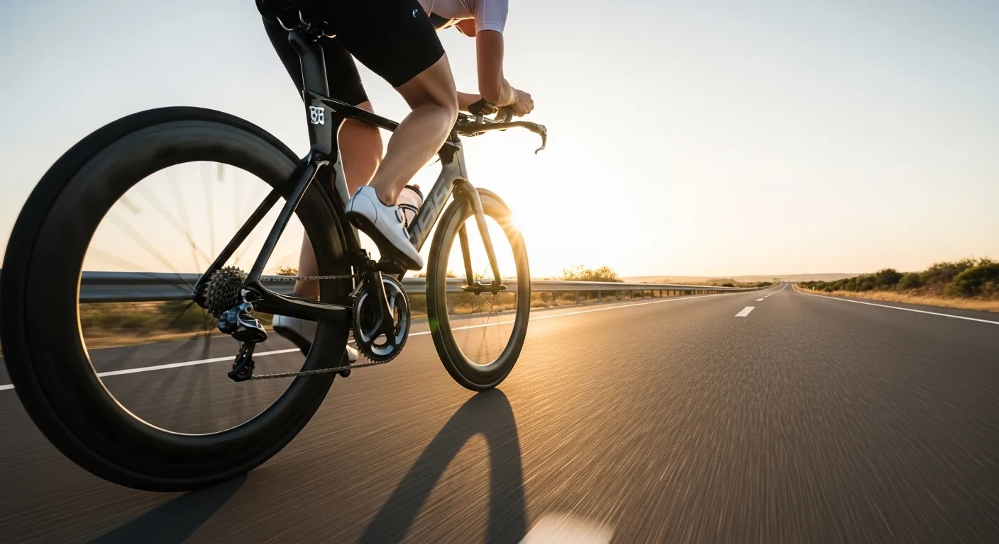 Triathlète en position aéro sur son vélo avec chaussures triathlon bien ajustées