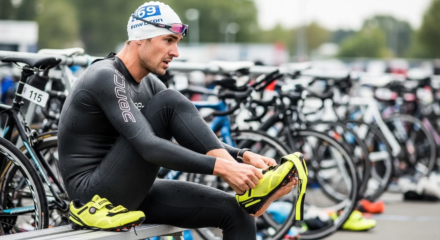 Triathlète enfilant ses chaussures vélo triathlon en transition T1 après la natation