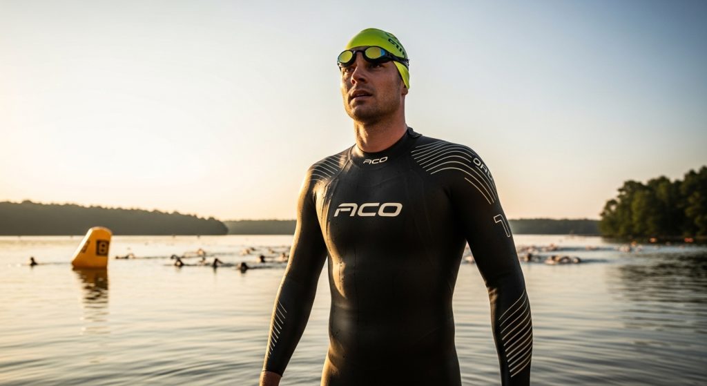 Triathlète en combinaison néoprène noire au bord de l'eau avant le départ d'un triathlon