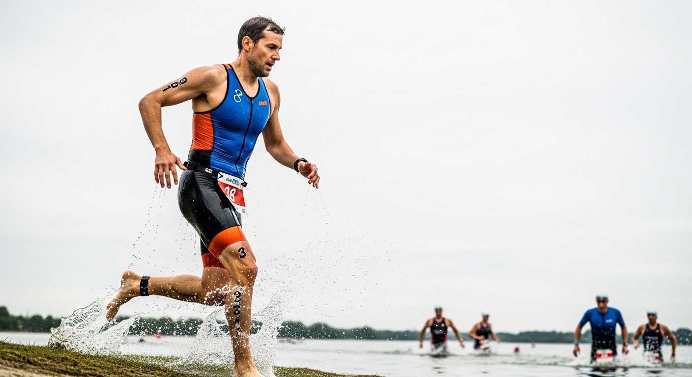 Triathlète en trifonction sans manches sortant de l'eau lors d'un triathlon