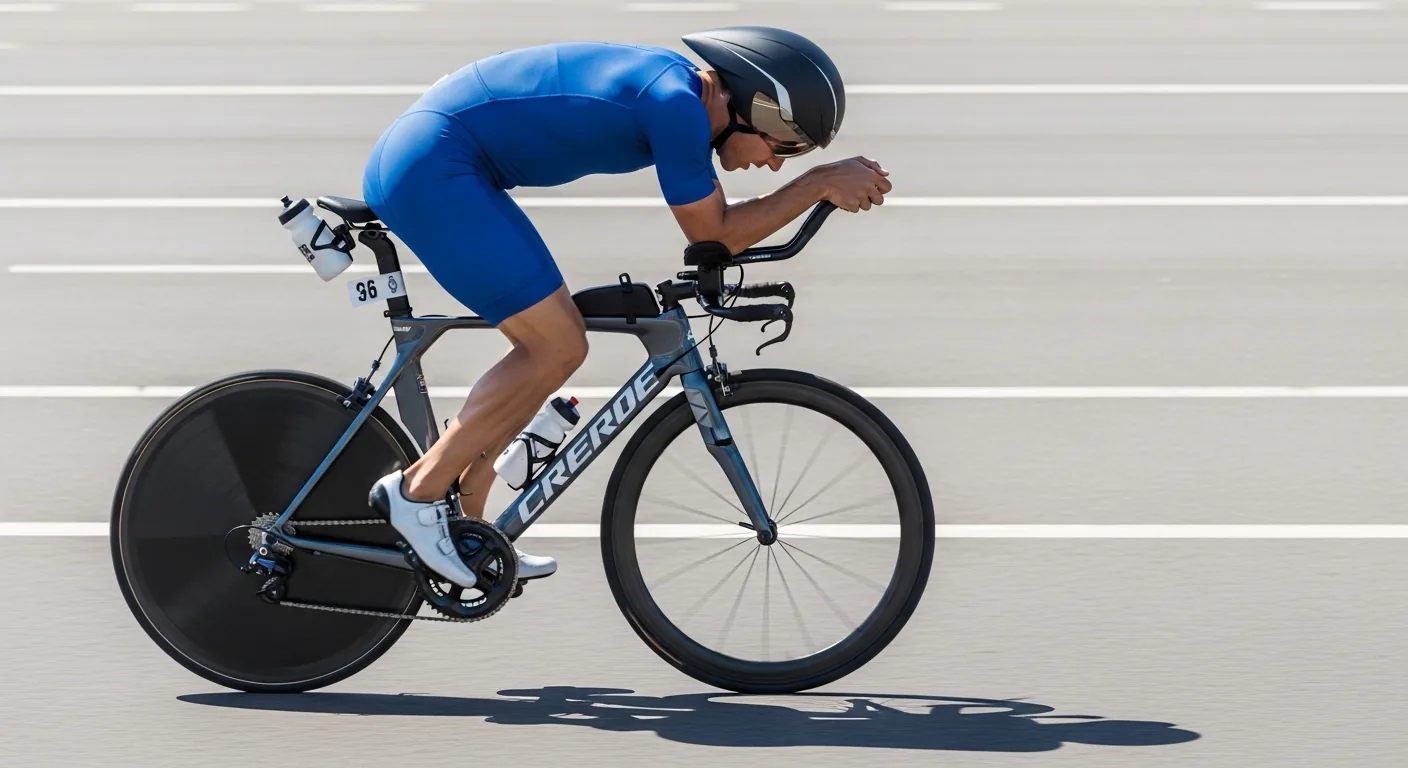 Triathlète en position aérodynamique sur prolongateurs clip-on lors d'une course de triathlon