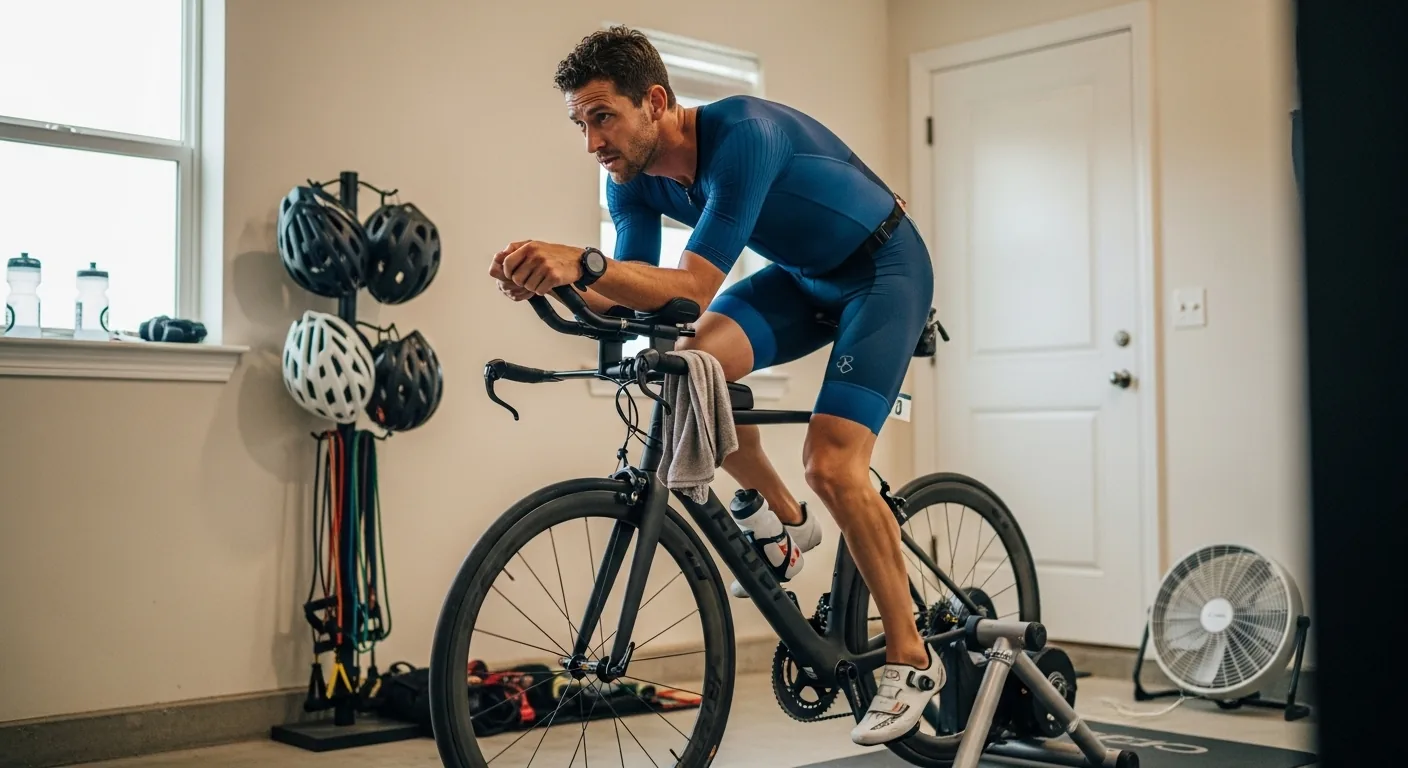Triathlète s'entraînant à la position aéro sur home trainer avec des prolongateurs clip-on
