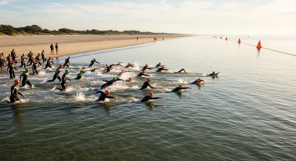 Départ natation d'un Half-Ironman, triathlètes en combinaison néoprène entrant dans l'eau en masse
