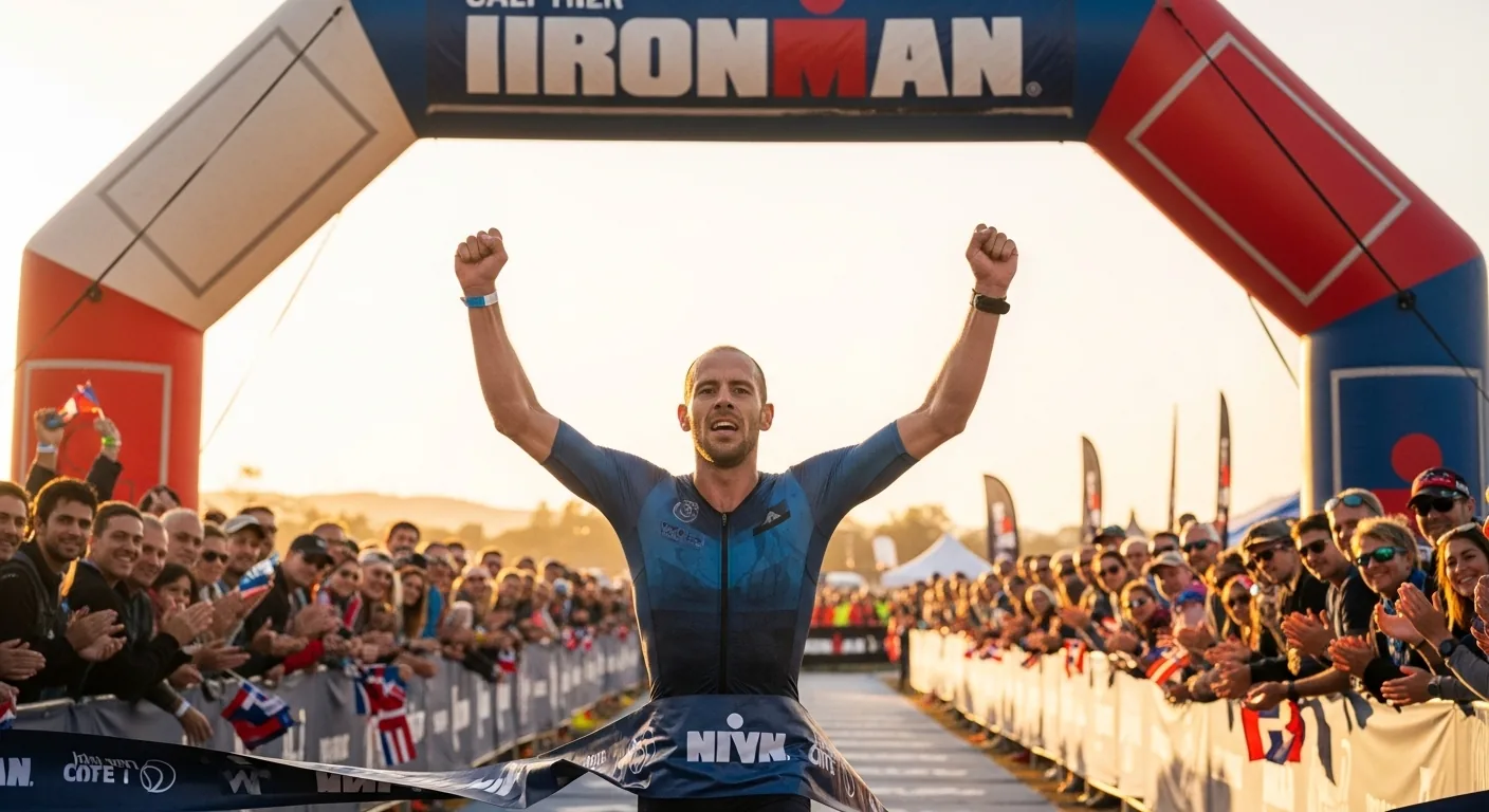 Triathlète franchissant la ligne d'arrivée d'un Half-Ironman les bras levés, foule de spectateurs