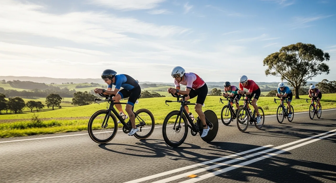Triathlètes sur le parcours vélo de 90km d'un Half-Ironman, position aéro sur route de campagne
