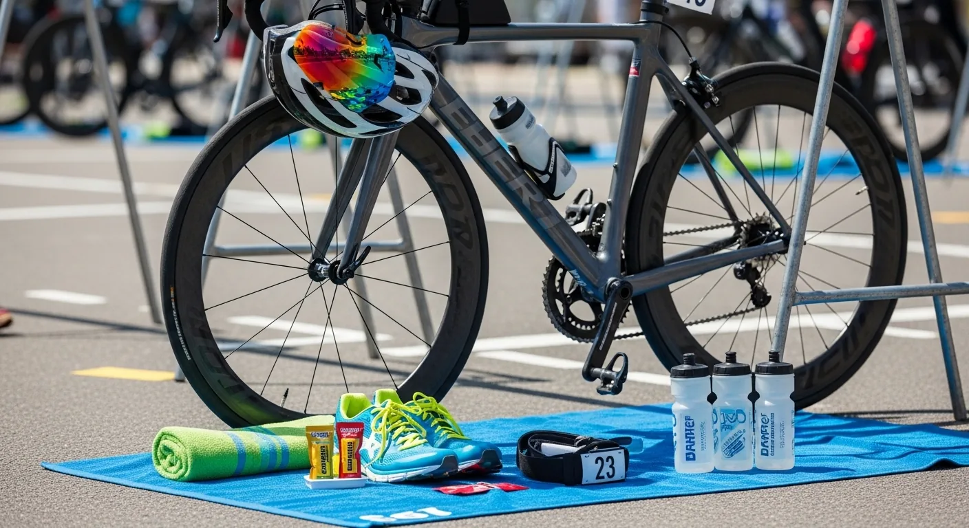 Zone de transition triathlon Half-Ironman avec vélo, casque aéro, chaussures de course et nutrition posés