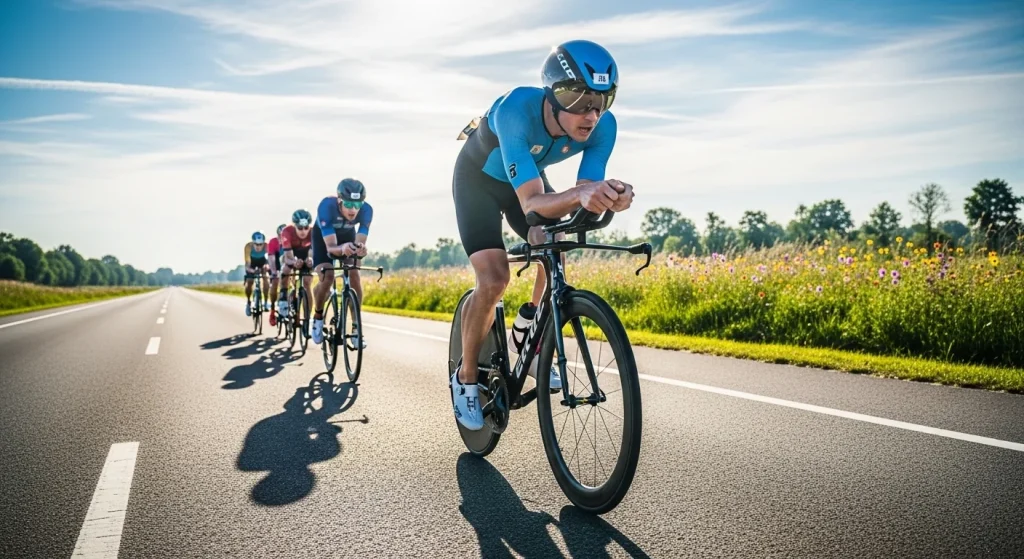 Triathlète en position aéro sur vélo de contre-la-montre lors d'un triathlon distance Olympique
