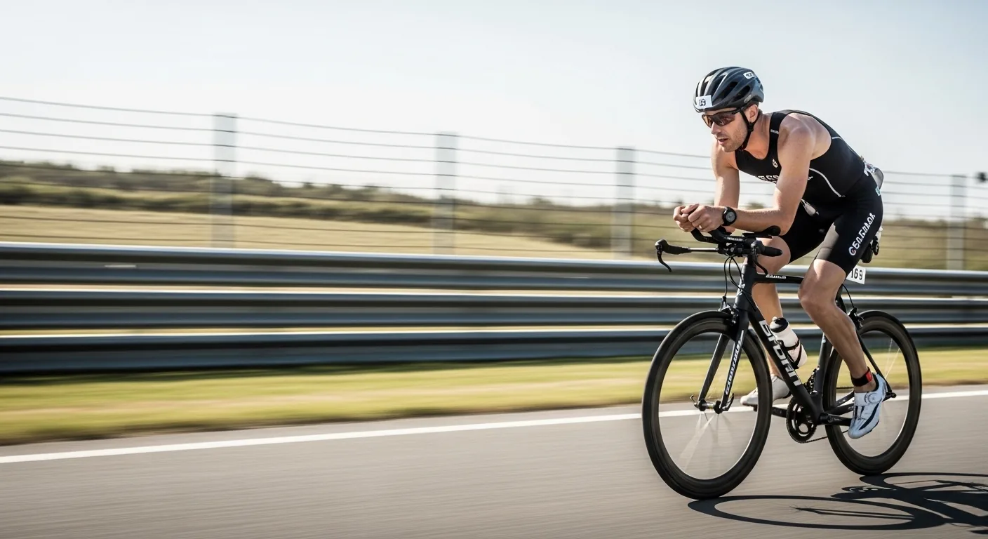 Triathlète sur vélo de route en position aéro lors de la partie cycliste 40km d'un triathlon Olympique