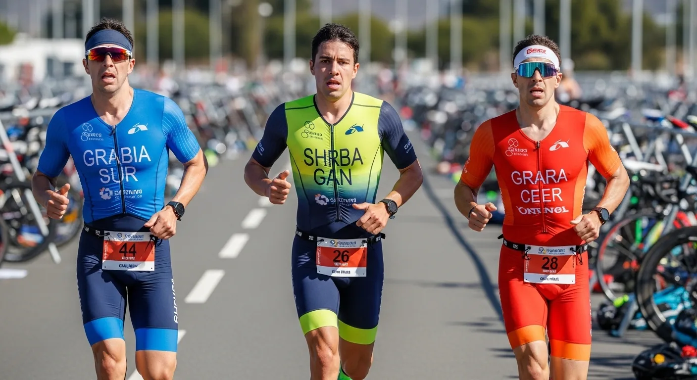 Trois triathlètes en course à pied lors du 10km final d'un triathlon distance Olympique