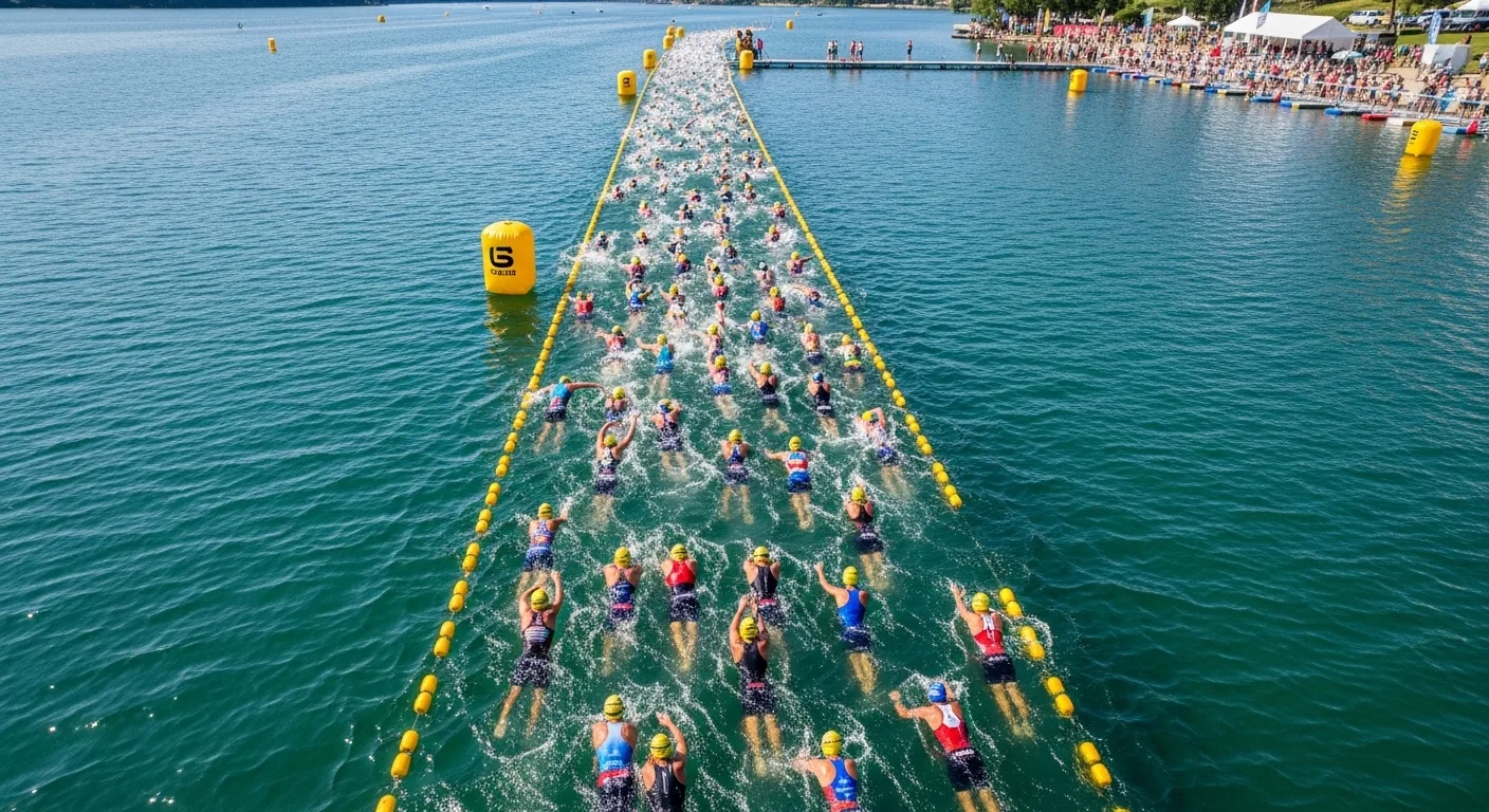 Vue aérienne de la natation 1500m lors d'un triathlon distance Olympique en eau libre
