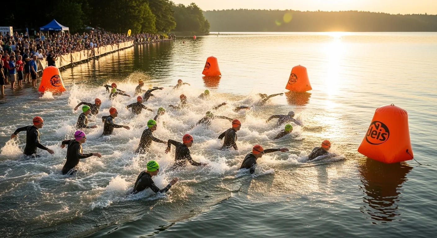 Départ natation d'un triathlon Sprint en eau libre avec nageurs en combinaison