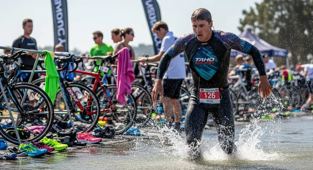 Triathlète sortant de l'eau lors d'un triathlon distance Sprint sous le soleil