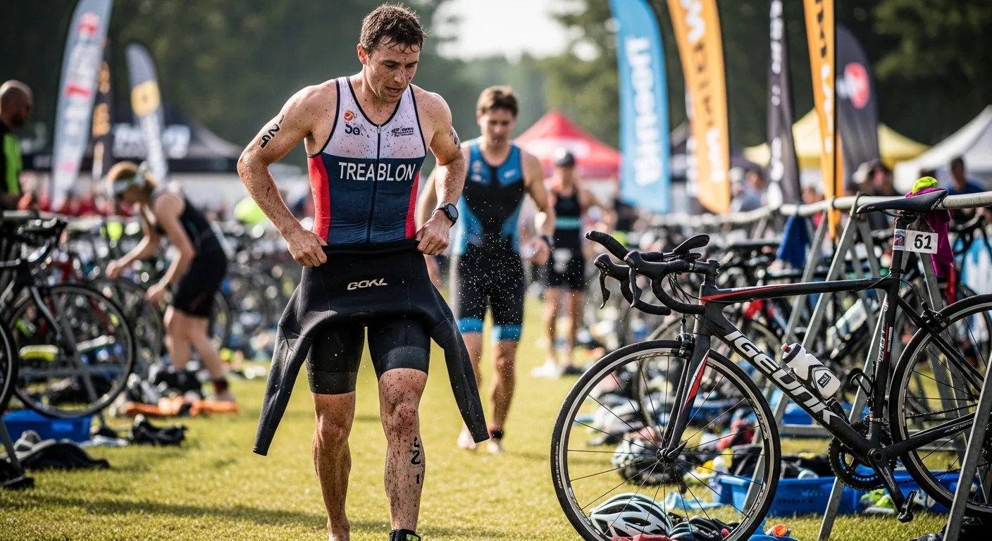 Triathlète dans la zone de transition retirant sa combinaison néoprène avant la partie vélo