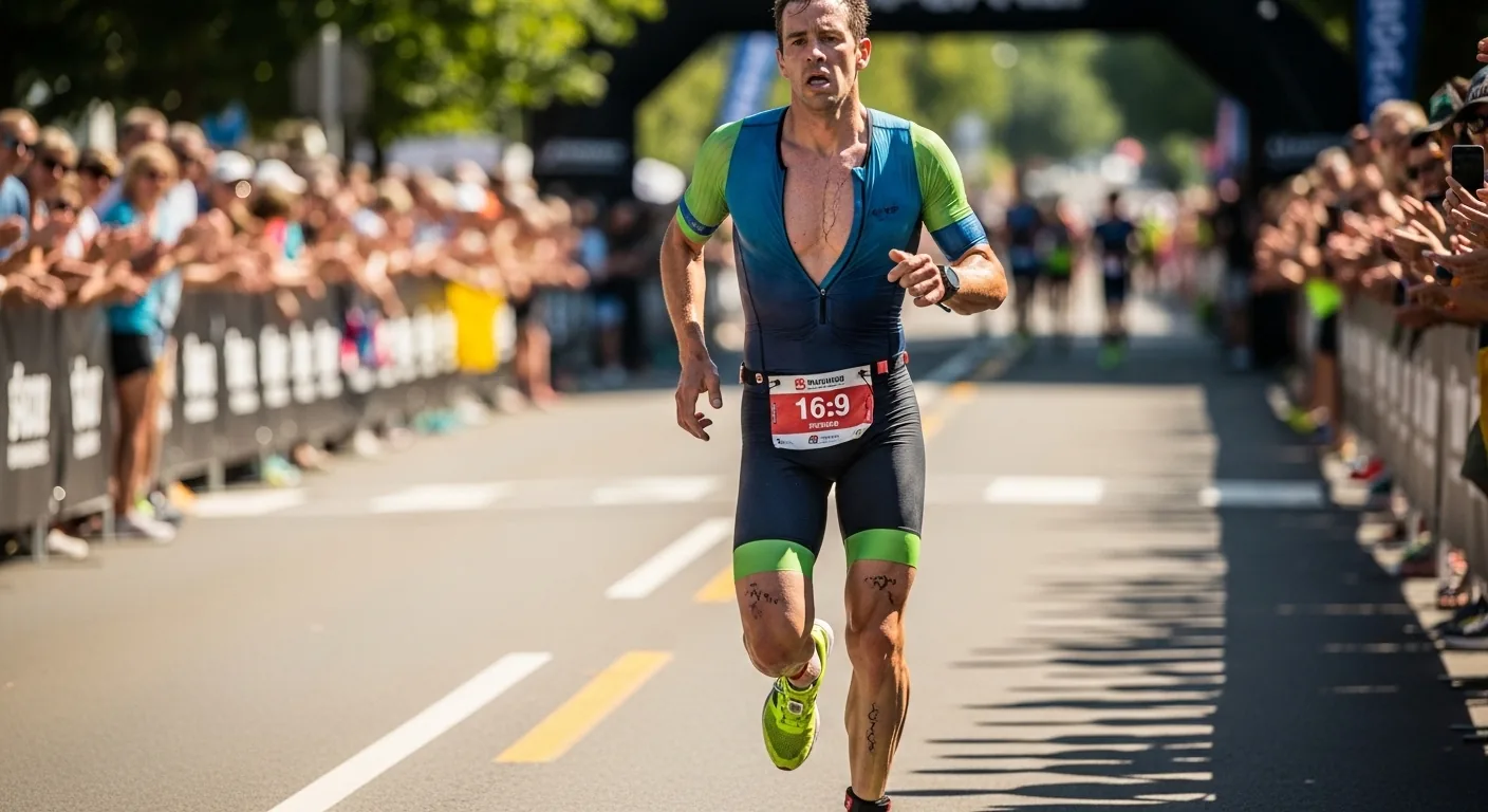 Triathlète en course à pied après la transition vélo lors d'un triathlon Sprint