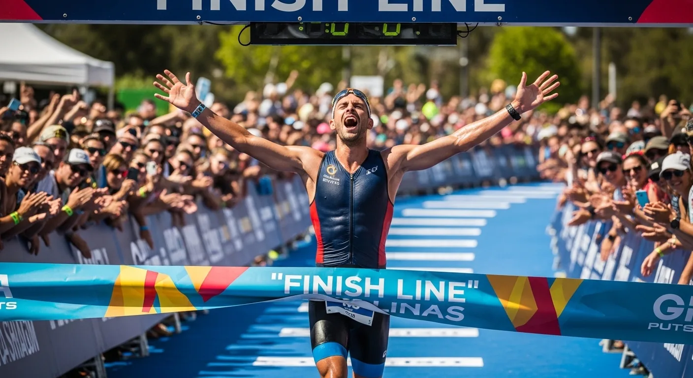 Triathlète franchissant la ligne d'arrivée d'un triathlon Sprint les bras levés