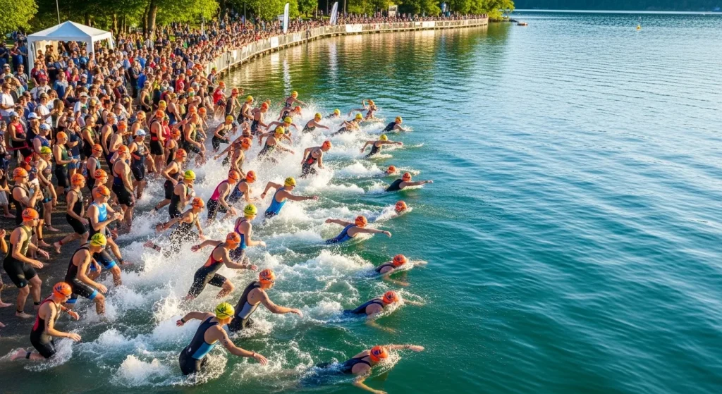 Départ en masse d'un triathlon XS super sprint avec triathlètes plongeant dans le lac