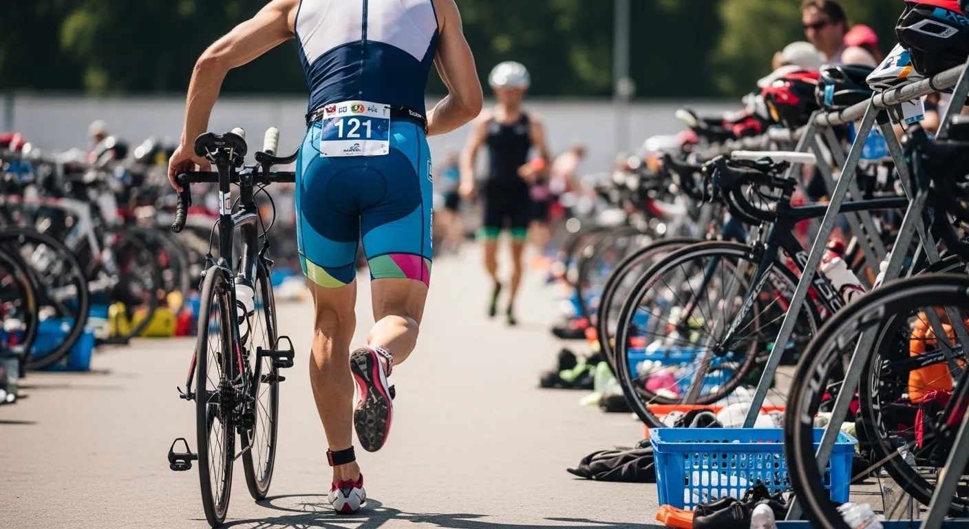 Triathlète arrivant en zone de transition T2 après le segment vélo d'un super sprint