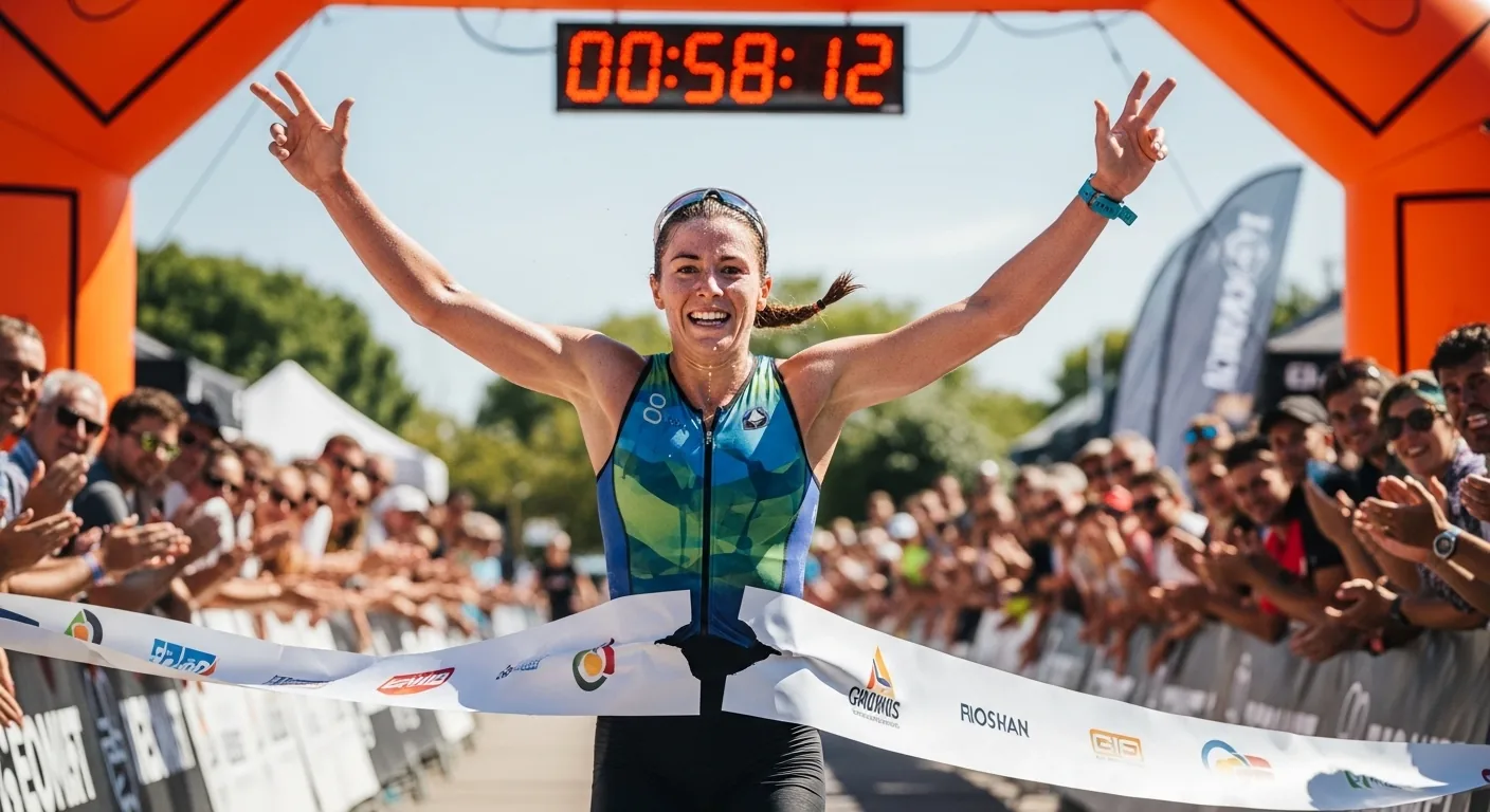 Triathlète franchissant la ligne d'arrivée d'un triathlon XS super sprint en célébrant
