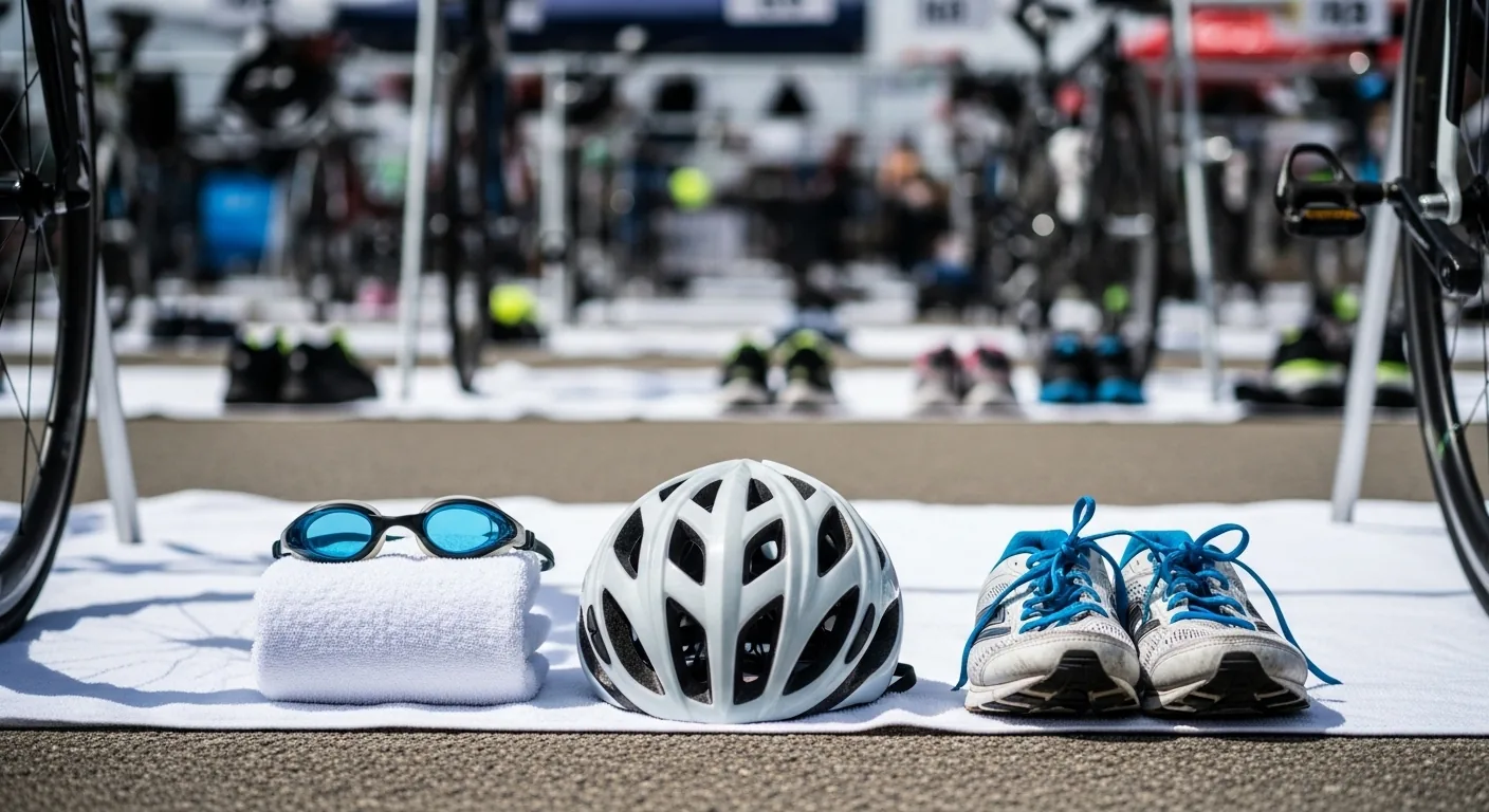 Zone de transition minimaliste pour un triathlon XS débutant avec lunettes vélo et chaussures