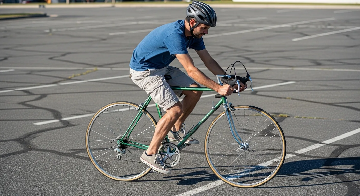 Cycliste en vêtements civils testant un vélo de route d'occasion dans un parking lors d'un essai avant achat