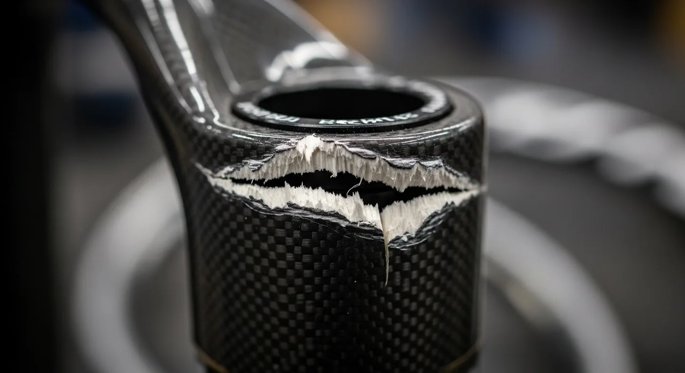 Fissure sur une fourche carbone de vélo de triathlon d'occasion — défaut critique à détecter avant l'achat