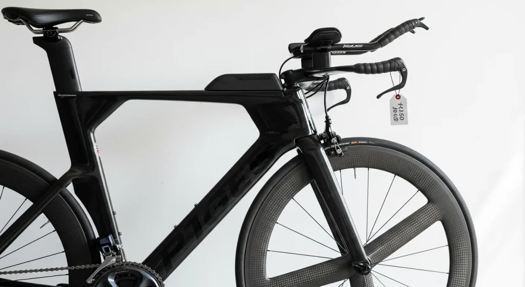 Vélo de triathlon contre-la-montre d'occasion en carbone appuyé contre un mur dans un garage