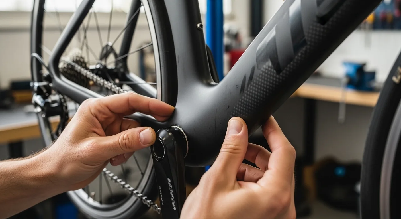 Inspection minutieuse du cadre carbone d'un vélo de triathlon TT d'occasion près du boîtier de pédalier
