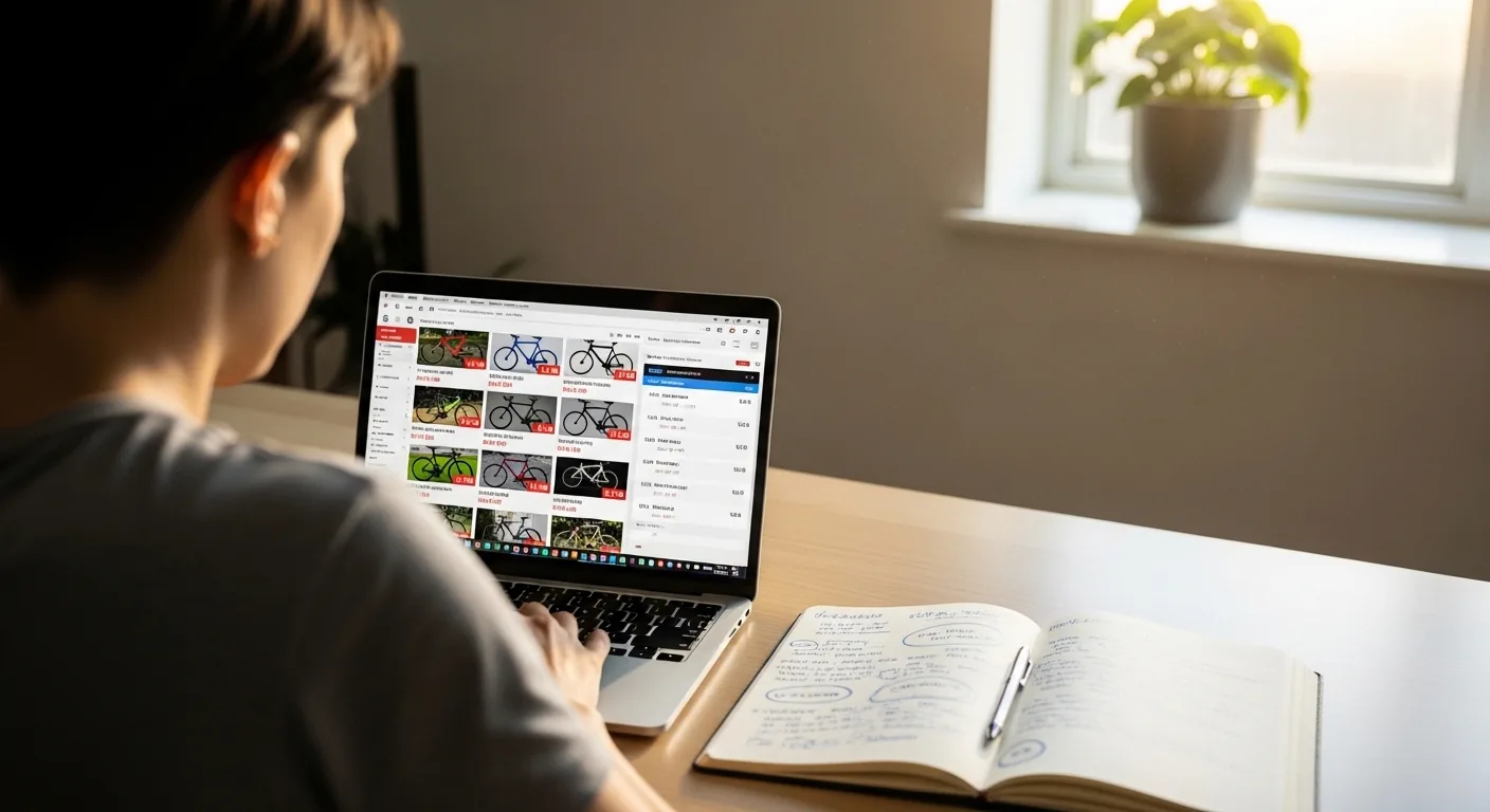Personne recherchant des vélos de triathlon d'occasion sur internet avec des notes manuscrites