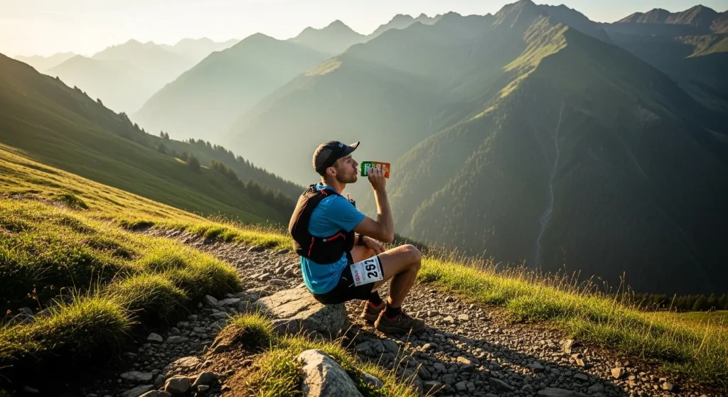 Triathlète en veste de running consommant une purée énergétique Baouw sur un sentier de montagne au petit matin