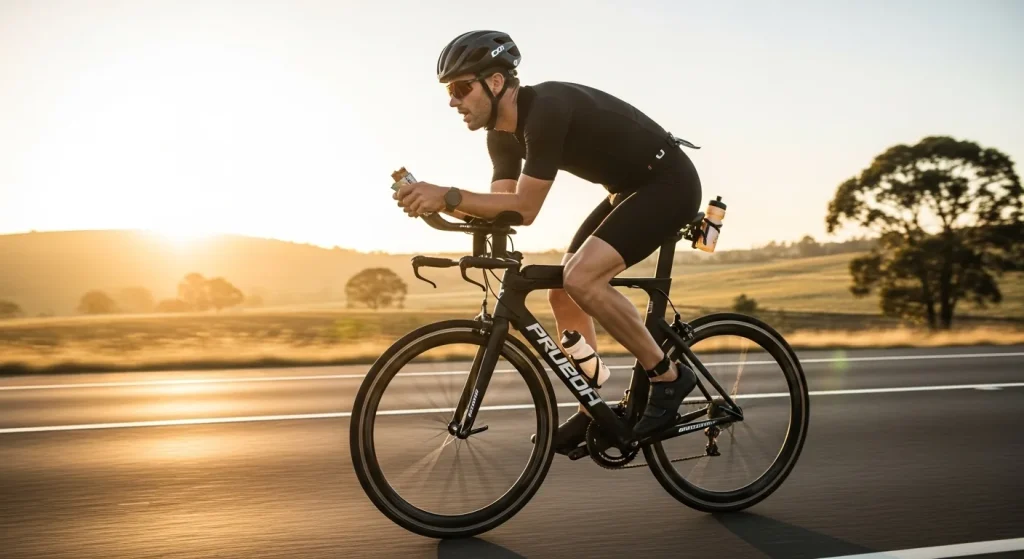 Triathlète en tenue de course mangeant une barre énergétique sur son vélo lors d'un long effort