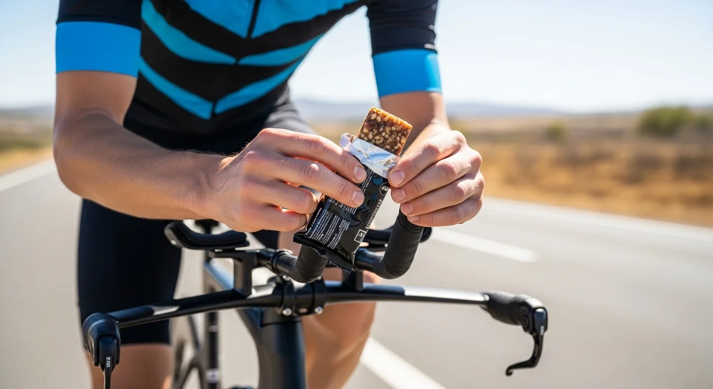 Triathlète ouvrant une barre énergétique d'une main sur son vélo lors d'une course longue distance